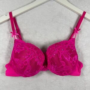 XOXO Hot Pink Lace Push‎ Up Bra Rhinestone Bow Accents 34B 4130-70 Underwire